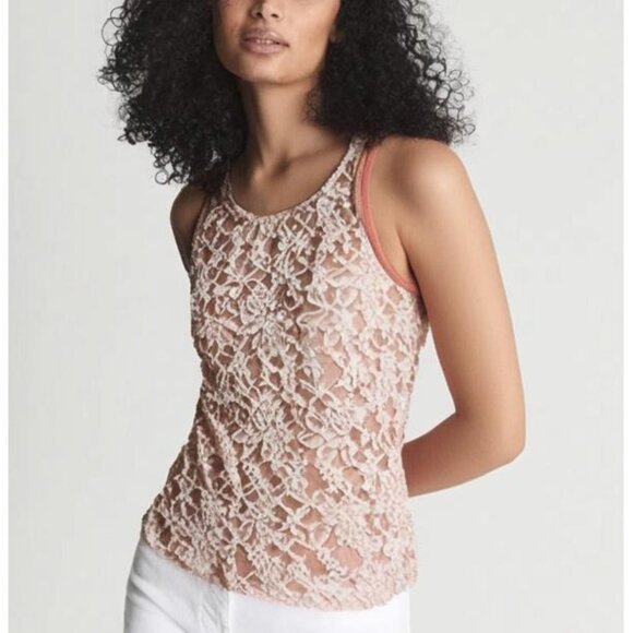 tea n rose Tops - Tea N Rose Women’s White Lace Lined Pink/Coral Sleeveless Tank Top Medium